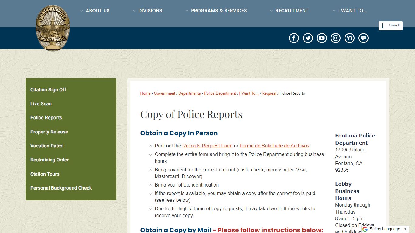 Copy of Police Reports | Fontana, CA - Official Website